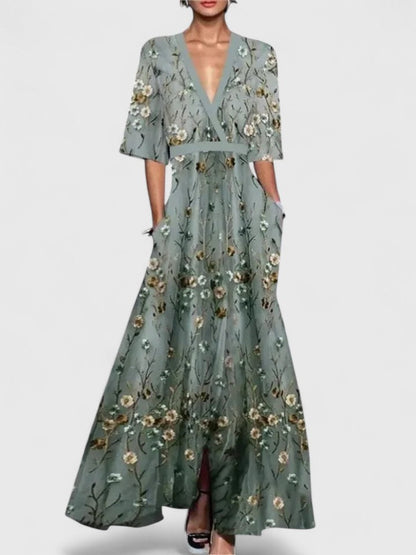 Elegant Floral Print Wrap Maxi Dress for Women with V-Neck Half Sleeve Contrast Trim