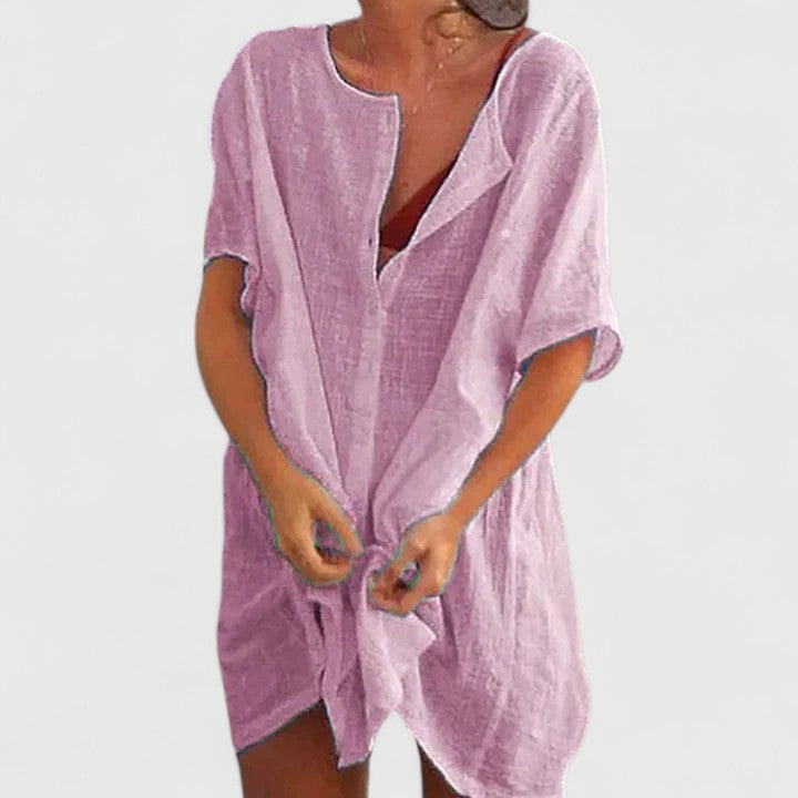 Effortless Linen Tunic for Women with V-Neck Short Sleeve Open Front Oversized Casual Style