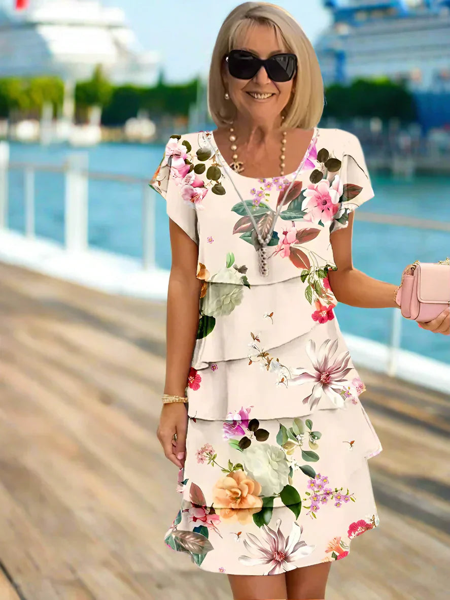 Elegant Floral Chiffon Mini Dress for Women with Crew Neck Short Sleeve Tiered