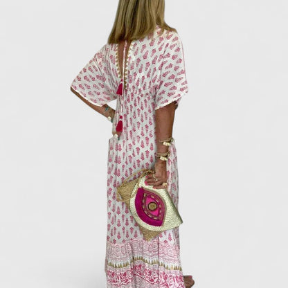 Effortless Block Print Maxi Dress for Women with V Neck Tassel Tie Flutter Sleeve Boho Style
