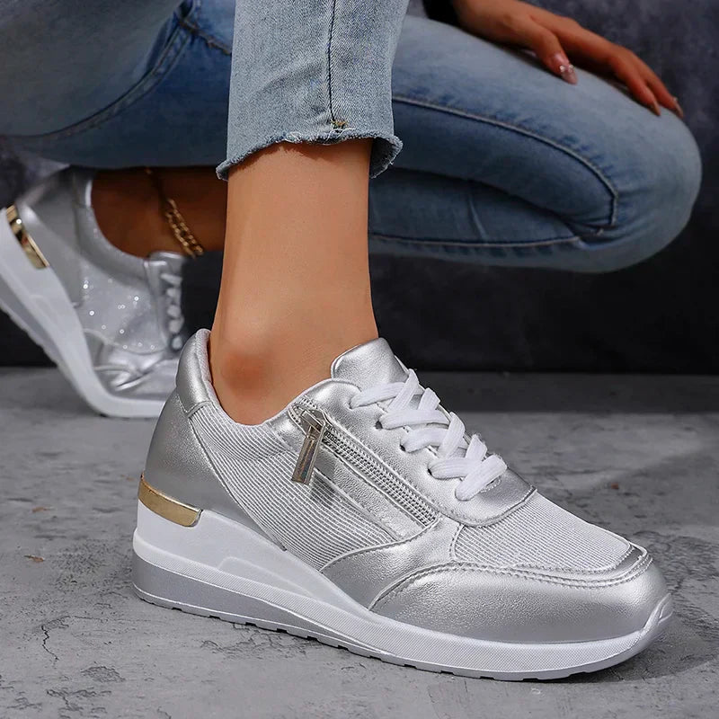 Elegant Orthopedic Platform Sneakers for Women with Metallic Upper Side Zip Lace Up Wedge Casual Style