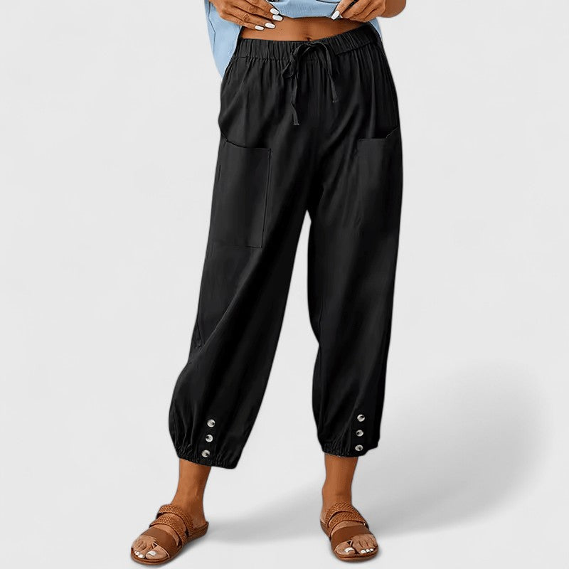 Effortless Linen Harem Pants for Women with Drawstring Waist Patch Pocket Tapered Ankle Casual Style
