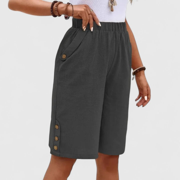 Effortless Linen Shorts for Women with High Waist Elastic Waistband Button Side Hem Casual Style