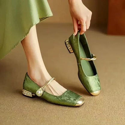 Comfortable Mary Jane Shoes for Women with Braided Block Heel Metallic Style