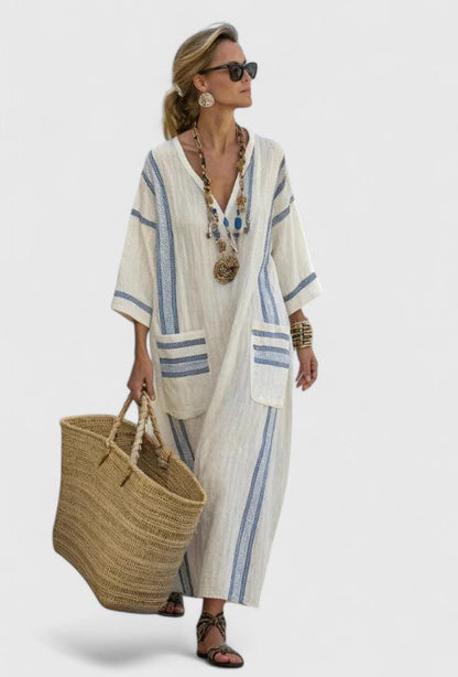 Effortless Linen Kaftan Maxi Dresses for Women with V Neck 3/4 Sleeve Striped Trim Oversized Resort Style