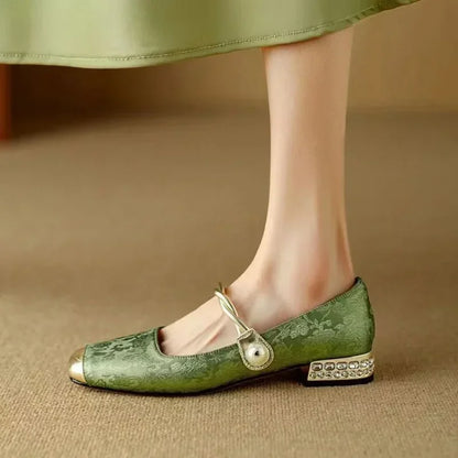 Comfortable Mary Jane Shoes for Women with Braided Block Heel Metallic Style