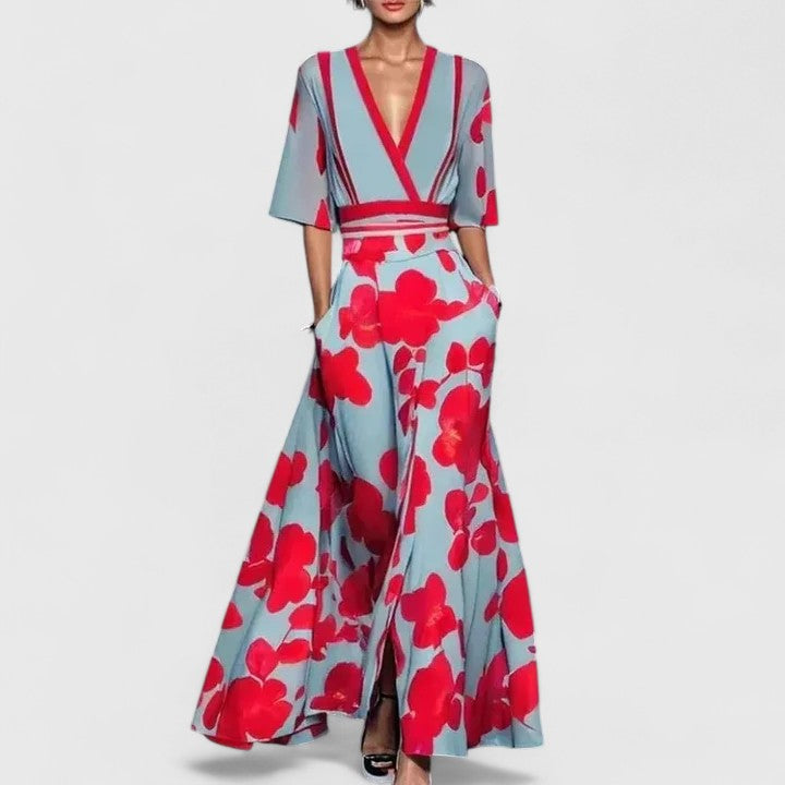 Elegant Floral Print Wrap Maxi Dress for Women with V-Neck Half Sleeve Contrast Trim