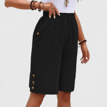 Effortless Linen Shorts for Women with High Waist Elastic Waistband Button Side Hem Casual Style
