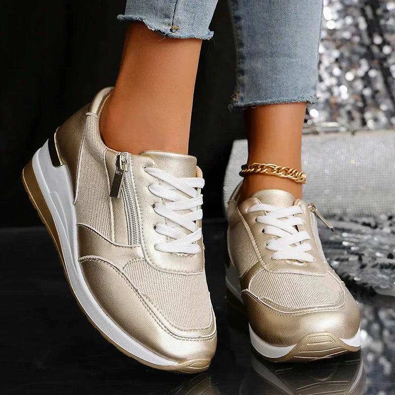 Elegant Orthopedic Platform Sneakers for Women with Metallic Upper Side Zip Lace Up Wedge Casual Style