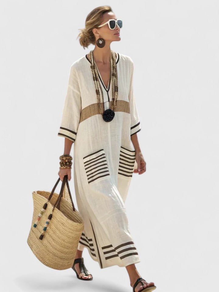 Effortless Linen Kaftan Maxi Dresses for Women with V Neck 3/4 Sleeve Striped Trim Oversized Resort Style