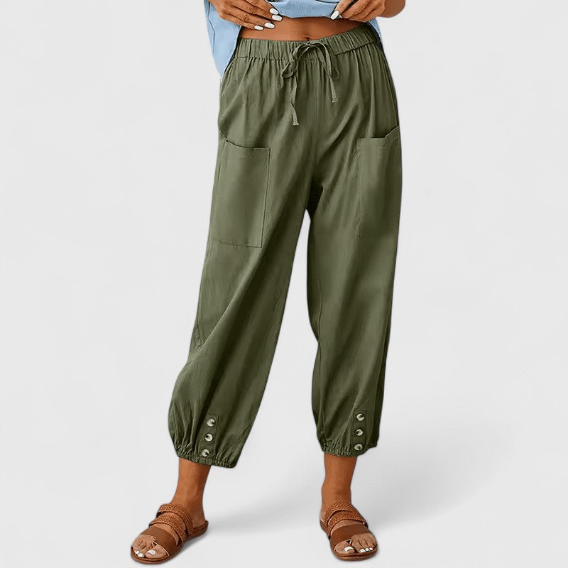 Effortless Linen Harem Pants for Women with Drawstring Waist Patch Pocket Tapered Ankle Casual Style
