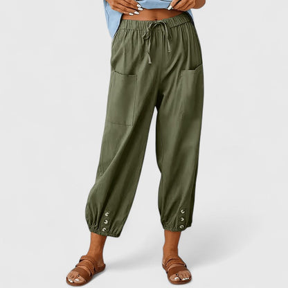 Effortless Linen Harem Pants for Women with Drawstring Waist Patch Pocket Tapered Ankle Casual Style