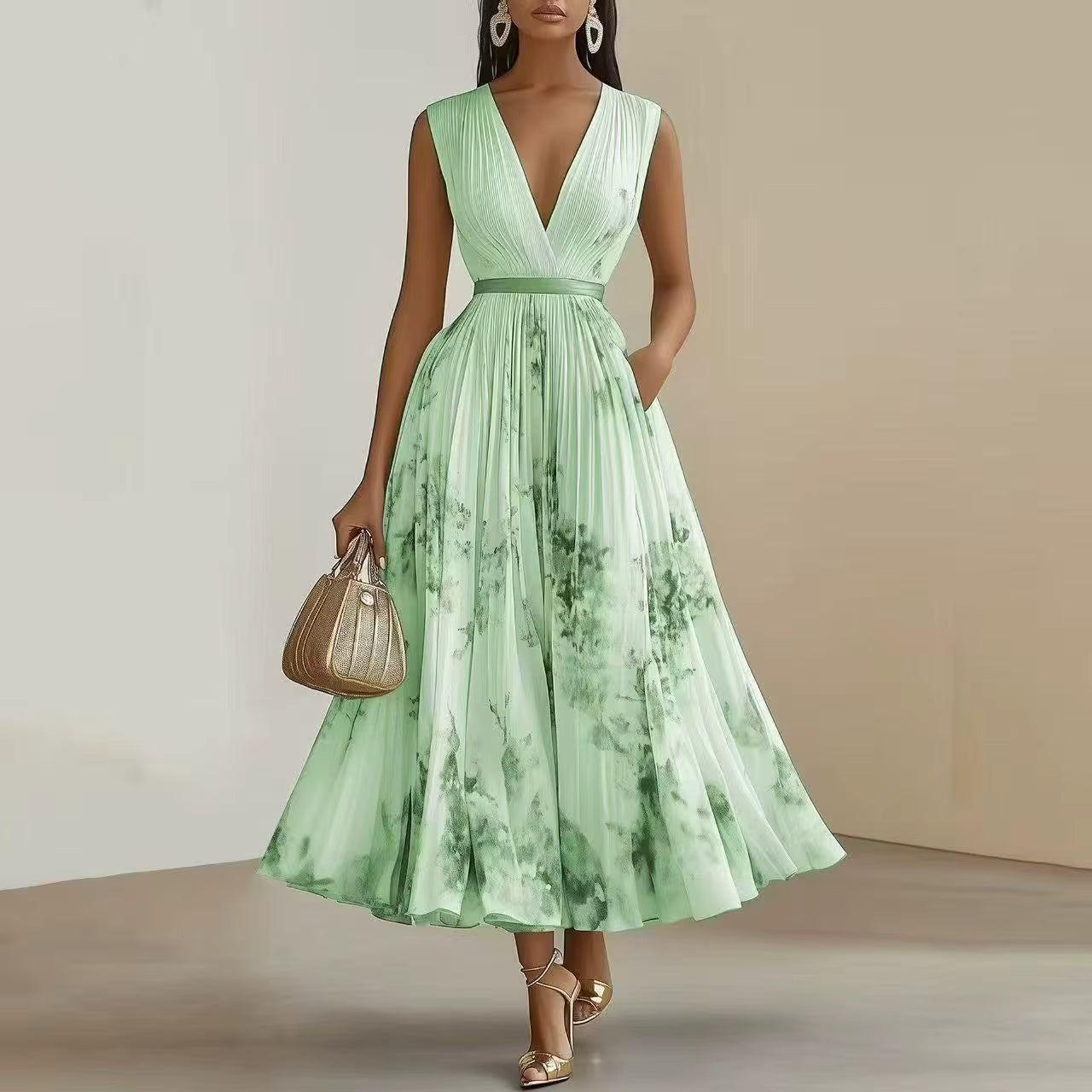 Effortless Maxi Dress for Women with V Neck Pleated