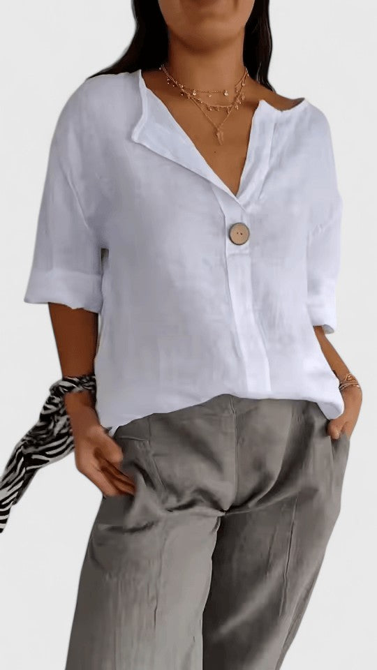 Effortless Linen Blouse for Women with V-Neck Single Button Elbow Sleeve Relaxed Casual Style