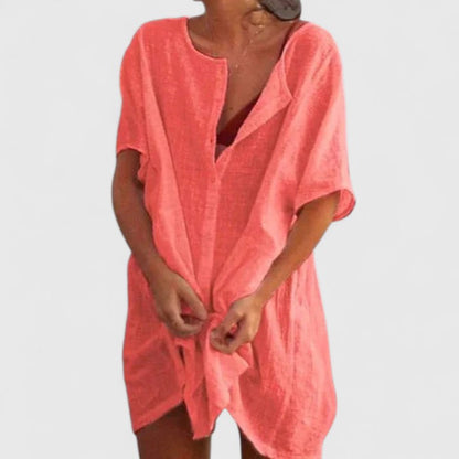 Effortless Linen Tunic for Women with V-Neck Short Sleeve Open Front Oversized Casual Style