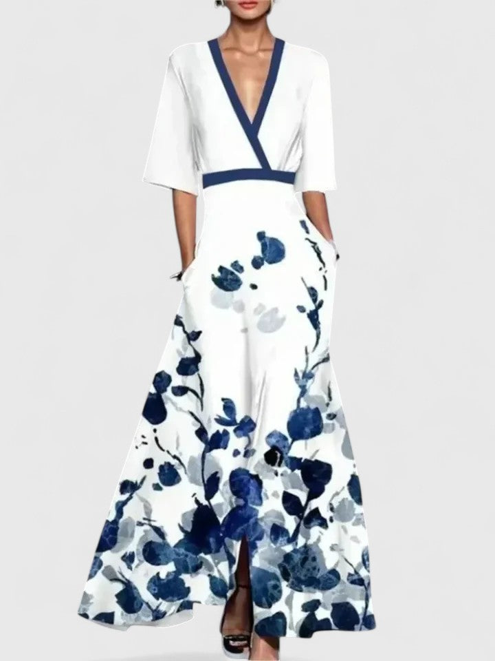 Elegant Floral Print Wrap Maxi Dress for Women with V-Neck Half Sleeve Contrast Trim