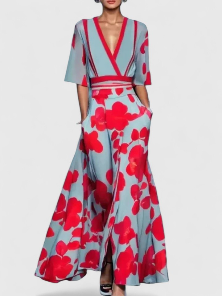 Elegant Floral Print Wrap Maxi Dress for Women with V-Neck Half Sleeve Contrast Trim