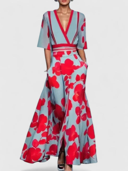 Elegant Floral Print Wrap Maxi Dress for Women with V-Neck Half Sleeve Contrast Trim