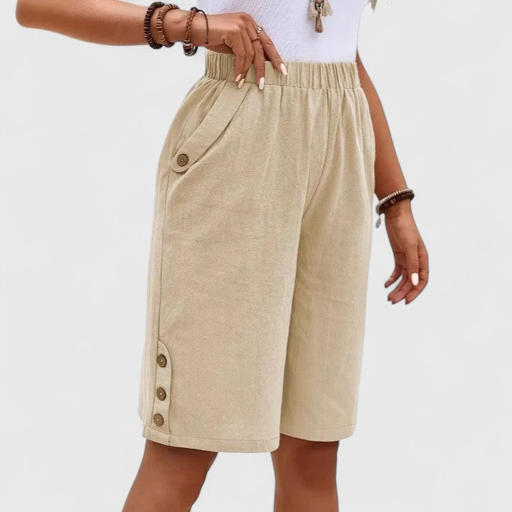 Effortless Linen Shorts for Women with High Waist Elastic Waistband Button Side Hem Casual Style