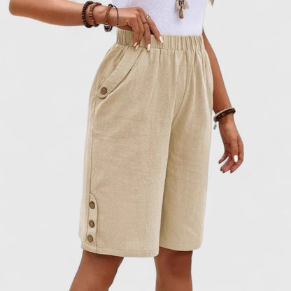 Effortless Linen Shorts for Women with High Waist Elastic Waistband Button Side Hem Casual Style