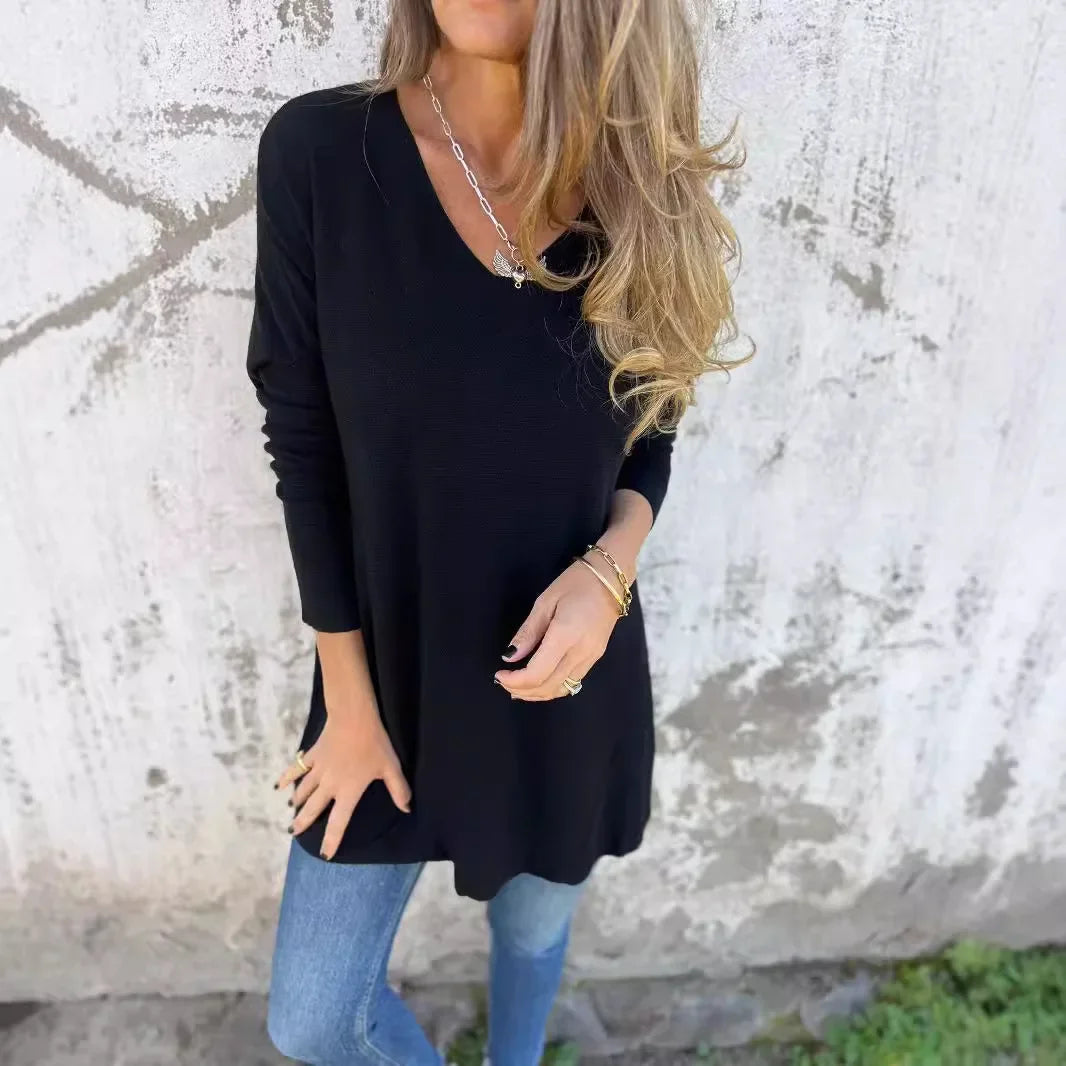 Comfortable Knit Tunic for Women with V-Neck Long Sleeve Oversized Side Slit Casual Style