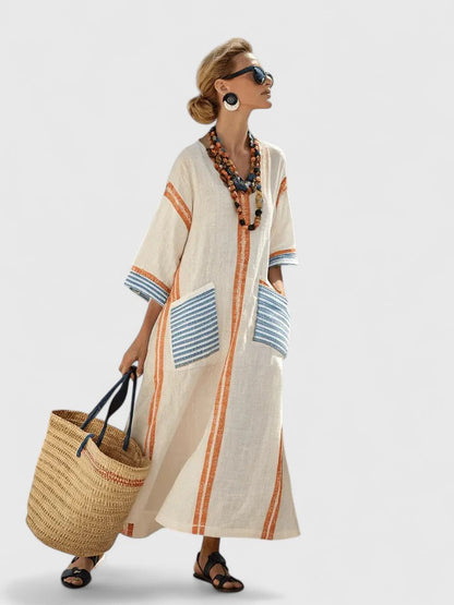 Effortless Linen Kaftan Maxi Dresses for Women with V Neck 3/4 Sleeve Striped Trim Oversized Resort Style