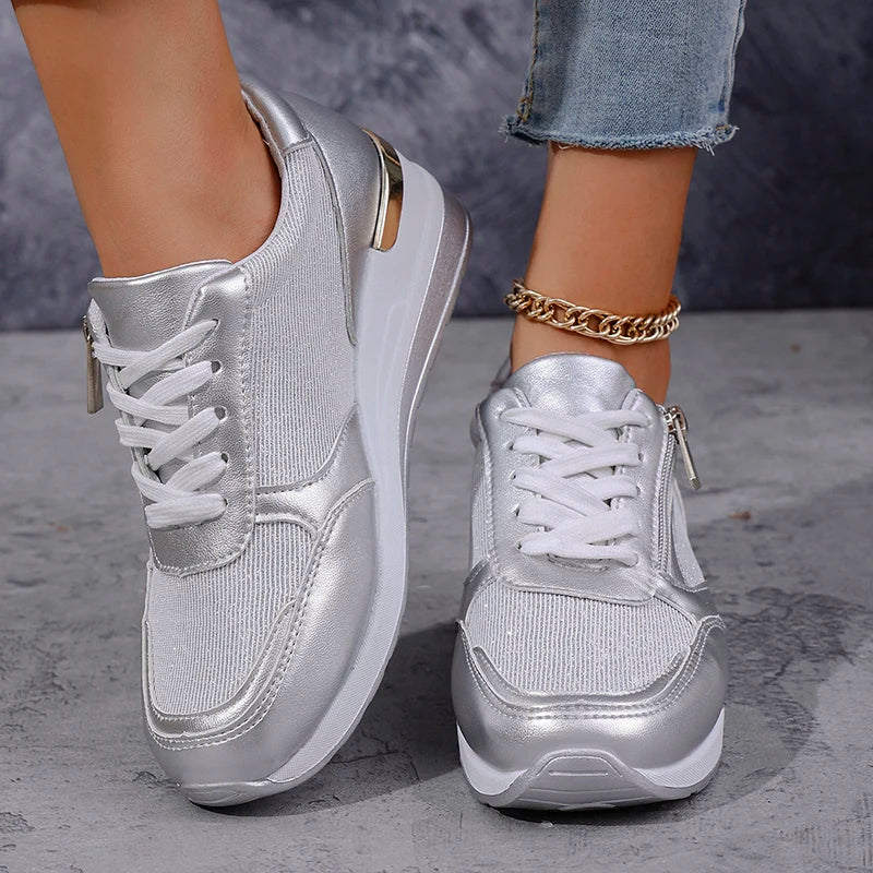Elegant Orthopedic Platform Sneakers for Women with Metallic Upper Side Zip Lace Up Wedge Casual Style