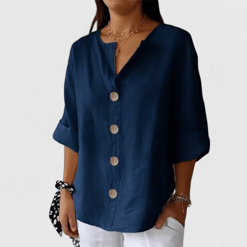 Effortless Linen Button Down Blouse for Women with V-Neck Elbow Sleeve Relaxed Casual Style