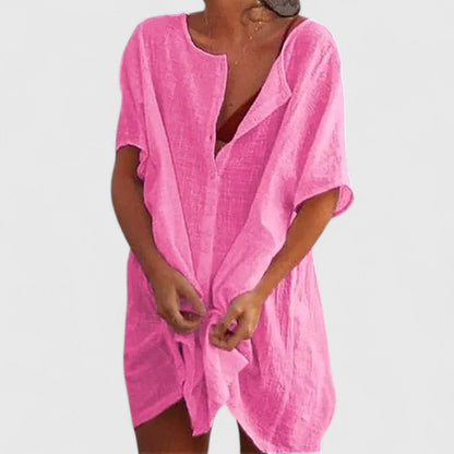 Effortless Linen Tunic for Women with V-Neck Short Sleeve Open Front Oversized Casual Style
