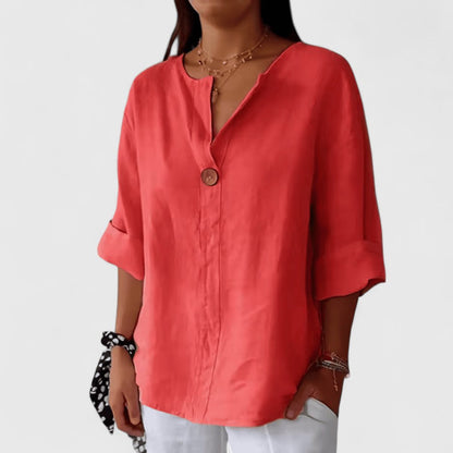 Effortless Linen Blouse for Women with V-Neck Single Button Elbow Sleeve Relaxed Casual Style