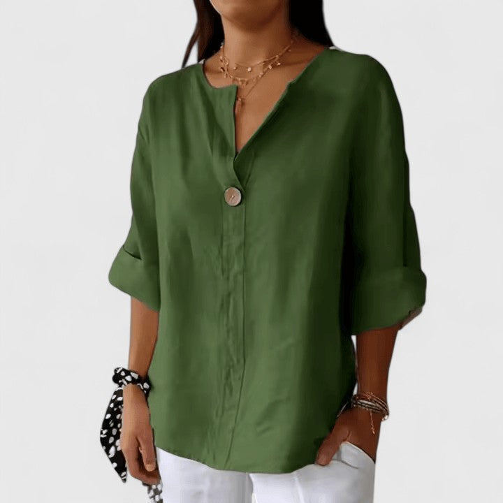 Effortless Linen Blouse for Women with V-Neck Single Button Elbow Sleeve Relaxed Casual Style