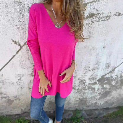 Comfortable Knit Tunic for Women with V-Neck Long Sleeve Oversized Side Slit Casual Style