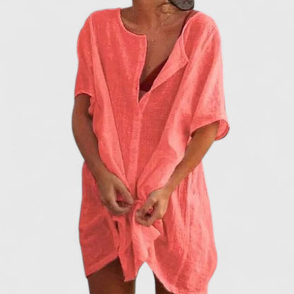 Effortless Linen Tunic for Women with V-Neck Short Sleeve Open Front Oversized Casual Style