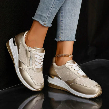 Elegant Orthopedic Platform Sneakers for Women with Metallic Upper Side Zip Lace Up Wedge Casual Style