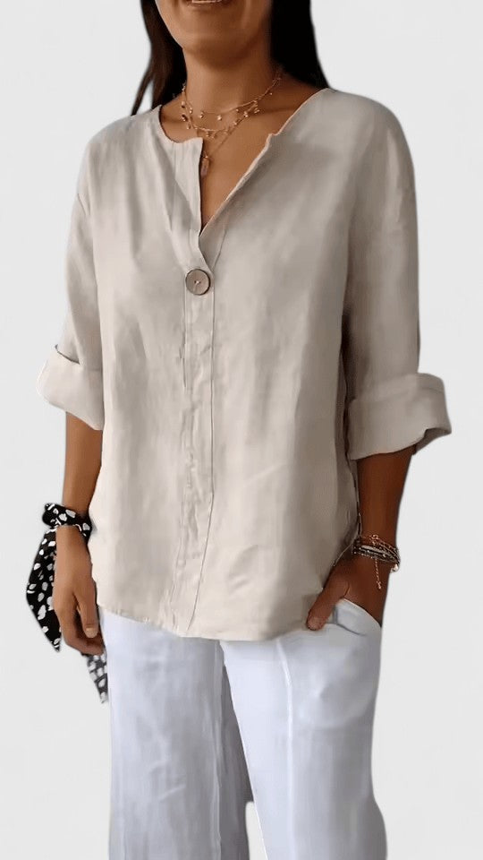 Effortless Linen Blouse for Women with V-Neck Single Button Elbow Sleeve Relaxed Casual Style