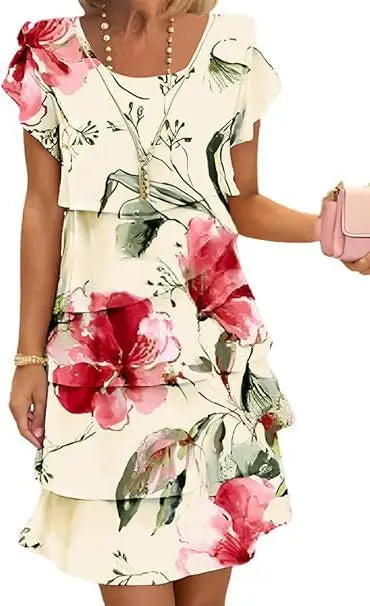 Elegant Floral Chiffon Mini Dress for Women with Crew Neck Short Sleeve Tiered