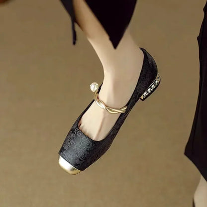 Comfortable Mary Jane Shoes for Women with Braided Block Heel Metallic Style