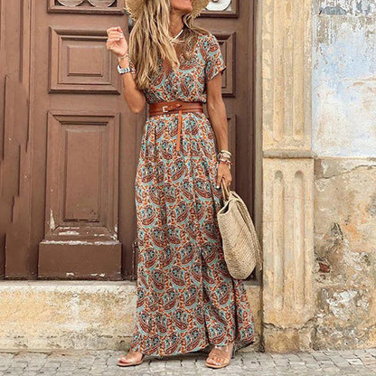 Stylish Maxi Dress for Women with V Neck Short Sleeve Drawstring