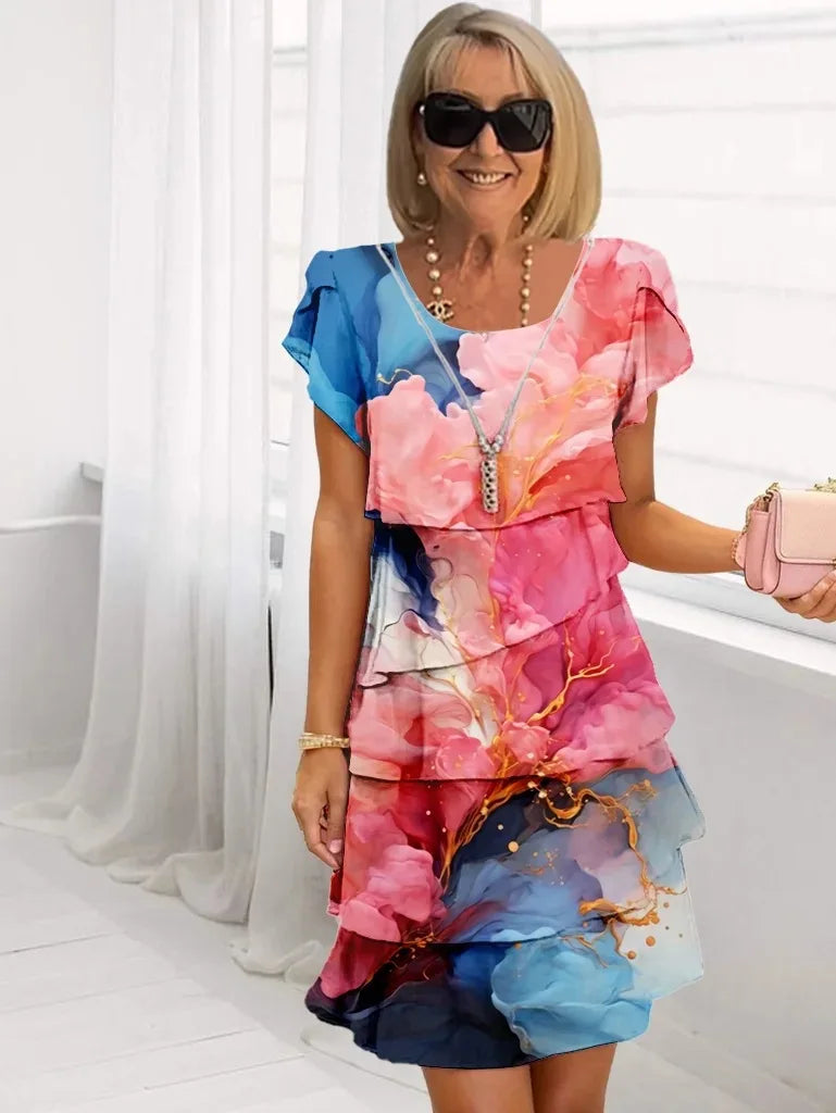 Elegant Floral Chiffon Mini Dress for Women with Crew Neck Short Sleeve Tiered