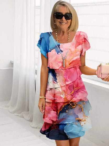 Elegant Floral Chiffon Mini Dress for Women with Crew Neck Short Sleeve Tiered