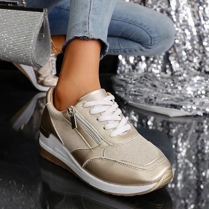 Elegant Orthopedic Platform Sneakers for Women with Metallic Upper Side Zip Lace Up Wedge Casual Style