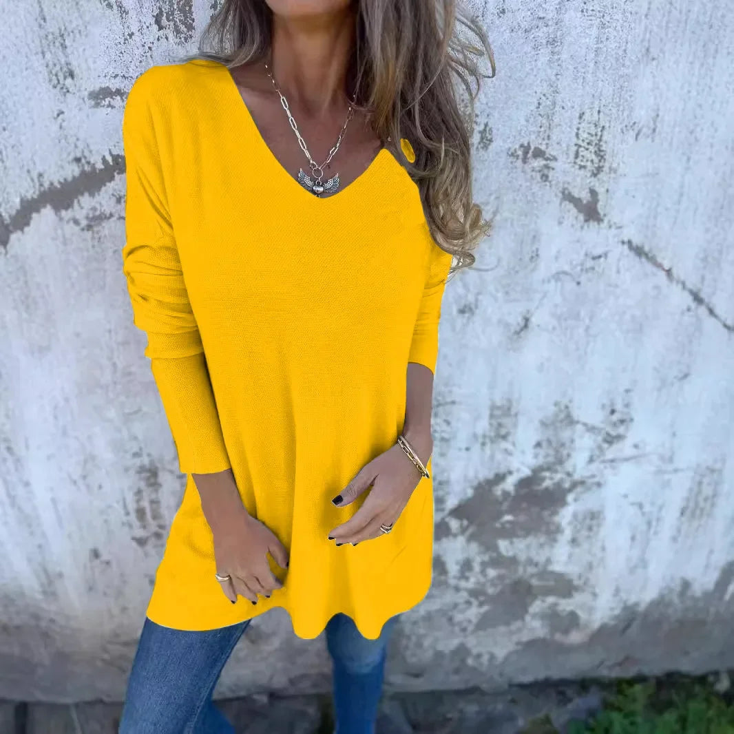 Comfortable Knit Tunic for Women with V-Neck Long Sleeve Oversized Side Slit Casual Style