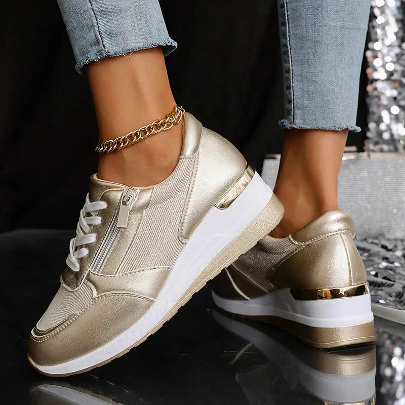 Elegant Orthopedic Platform Sneakers for Women with Metallic Upper Side Zip Lace Up Wedge Casual Style