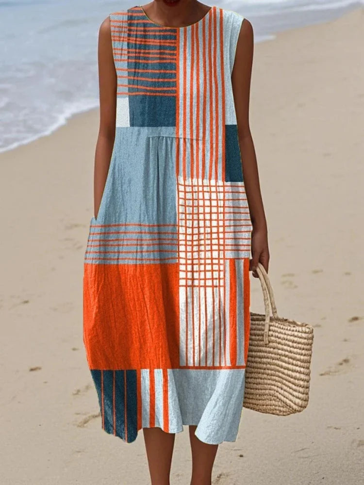 Effortless Geometric Midi Dress for Women with Sleeveless Casual Style