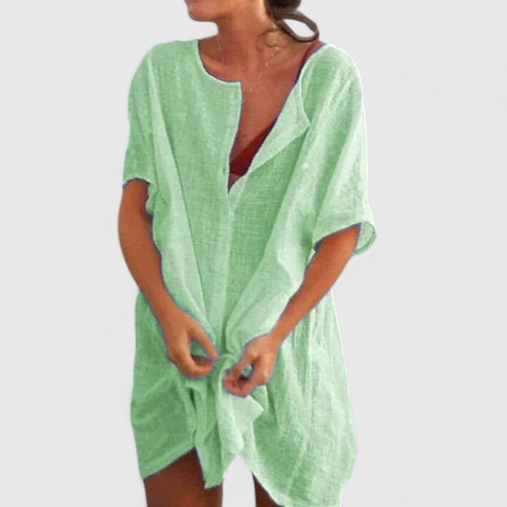 Effortless Linen Tunic for Women with V-Neck Short Sleeve Open Front Oversized Casual Style