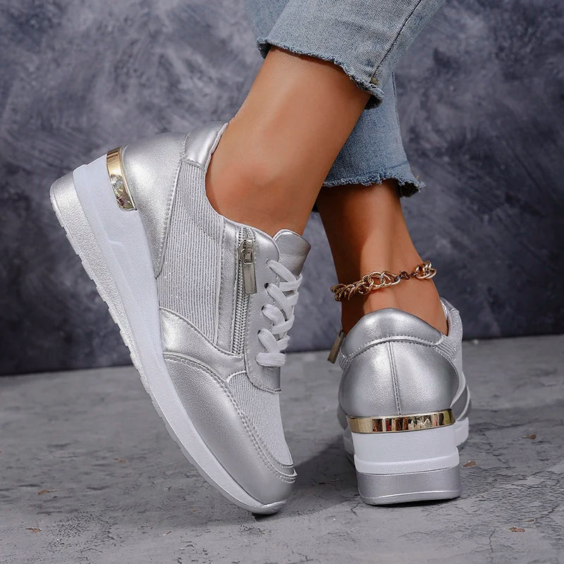 Elegant Orthopedic Platform Sneakers for Women with Metallic Upper Side Zip Lace Up Wedge Casual Style