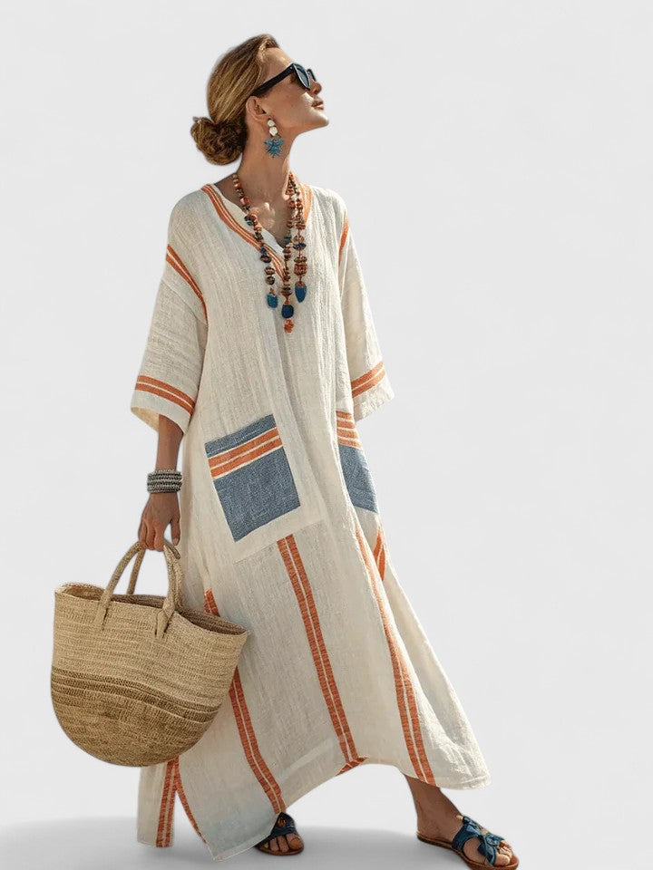 Effortless Linen Kaftan Maxi Dresses for Women with V Neck 3/4 Sleeve Striped Trim Oversized Resort Style