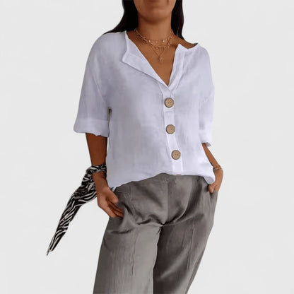 Effortless Linen Button Down Blouse for Women with V-Neck Elbow Sleeve Relaxed Casual Style