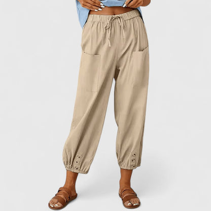 Effortless Linen Harem Pants for Women with Drawstring Waist Patch Pocket Tapered Ankle Casual Style