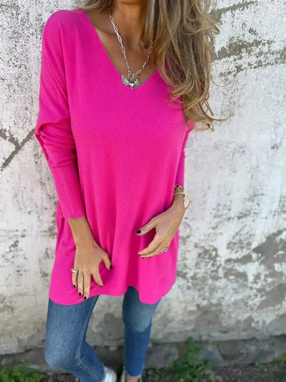 Comfortable Knit Tunic for Women with V-Neck Long Sleeve Oversized Side Slit Casual Style